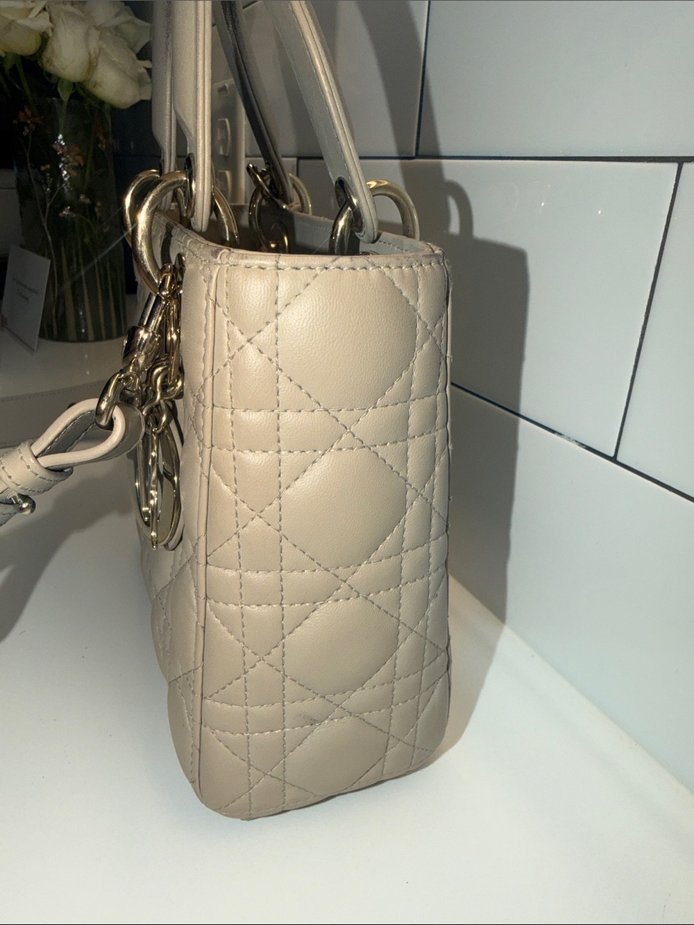 Dior Beige Quilted Lady Dior Medium Top-Handle Bag with Gold Hardware - Picture 12 of 14